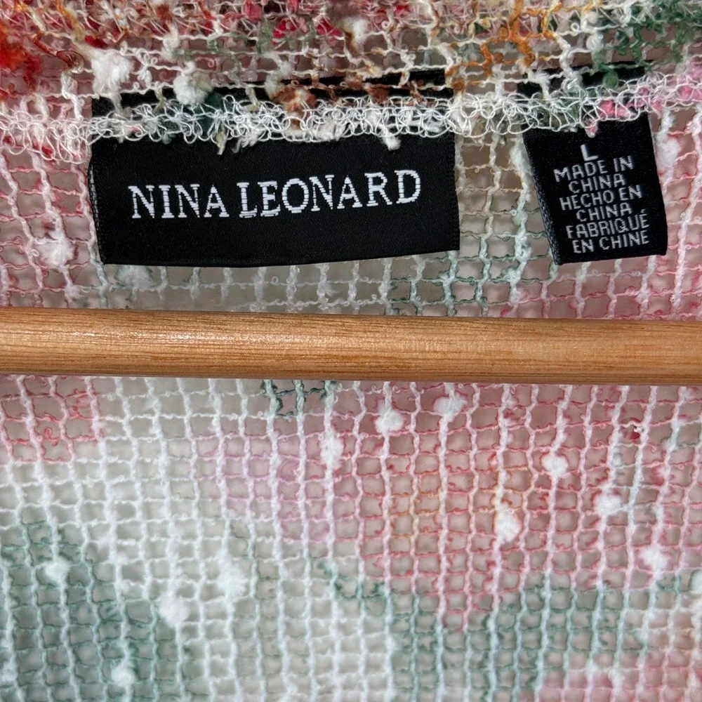 Nina Leonard Floral Mesh Lagenlook Boho Cardigan L Floral Sequin Wood Buttons